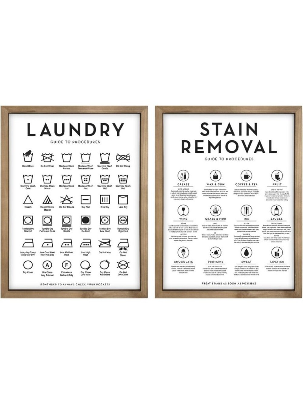 Rustic 2-Piece Laundry Room Wall Art Signs - Wooden Care Symbols & Stain Guide